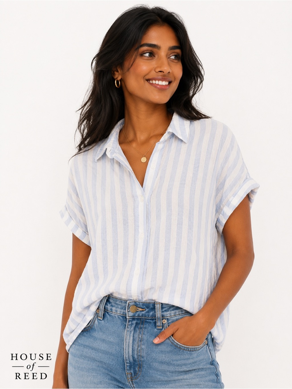 Universal Thread Blue & White Striped Button Front Blouse S Cotton Rayon Top‎